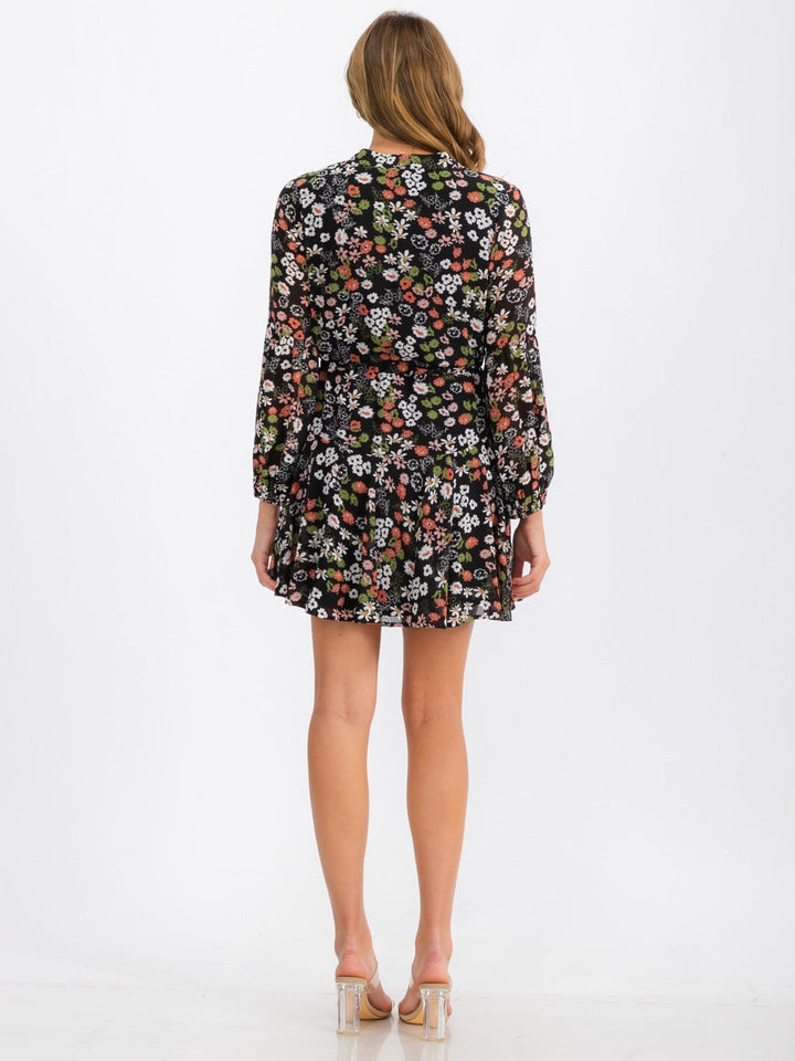 WOMEN'S LONG SLEEVE BUTTON UP SELF TIE FLORAL MINI DRESS
