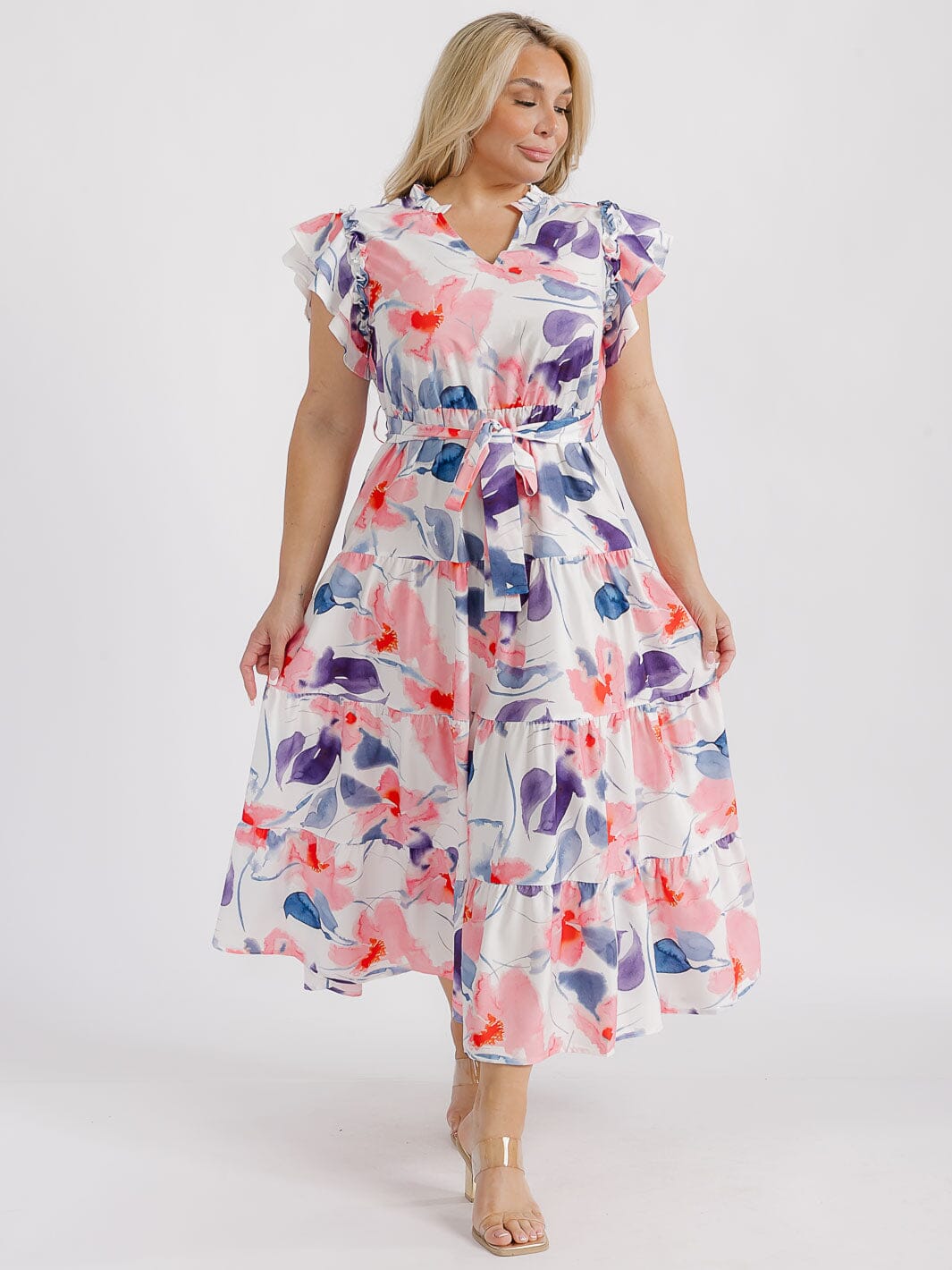 PLUS SIZE SHORT RUFFLE SLEEVE V-NECK TIERED ELASTIC WAIST FLORAL MAXI DRESS