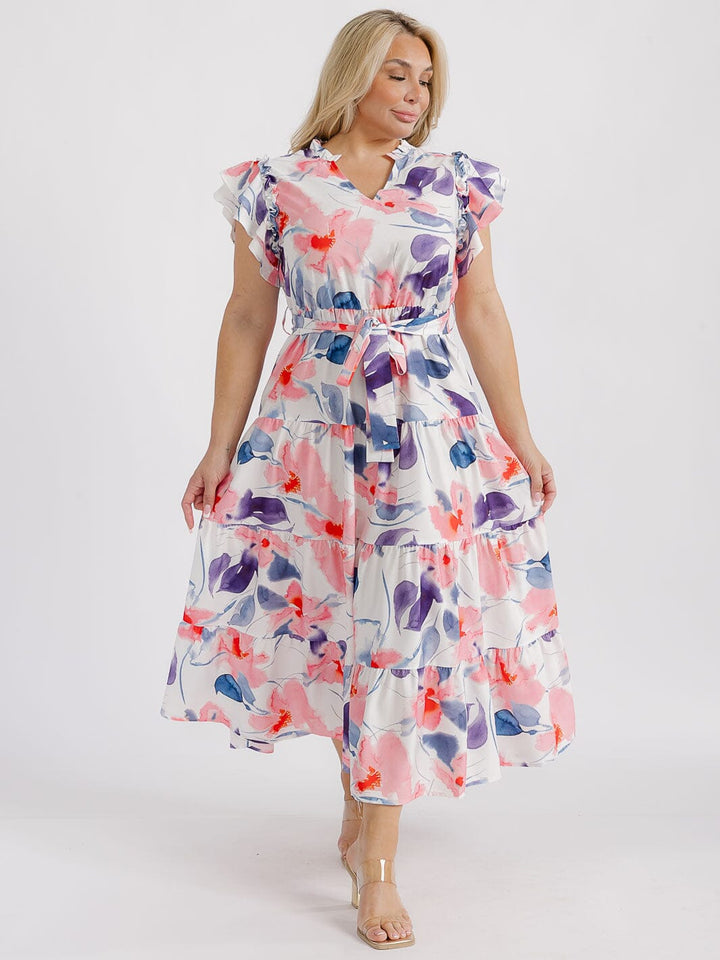 PLUS SIZE SHORT RUFFLE SLEEVE V-NECK TIERED ELASTIC WAIST FLORAL MAXI DRESS