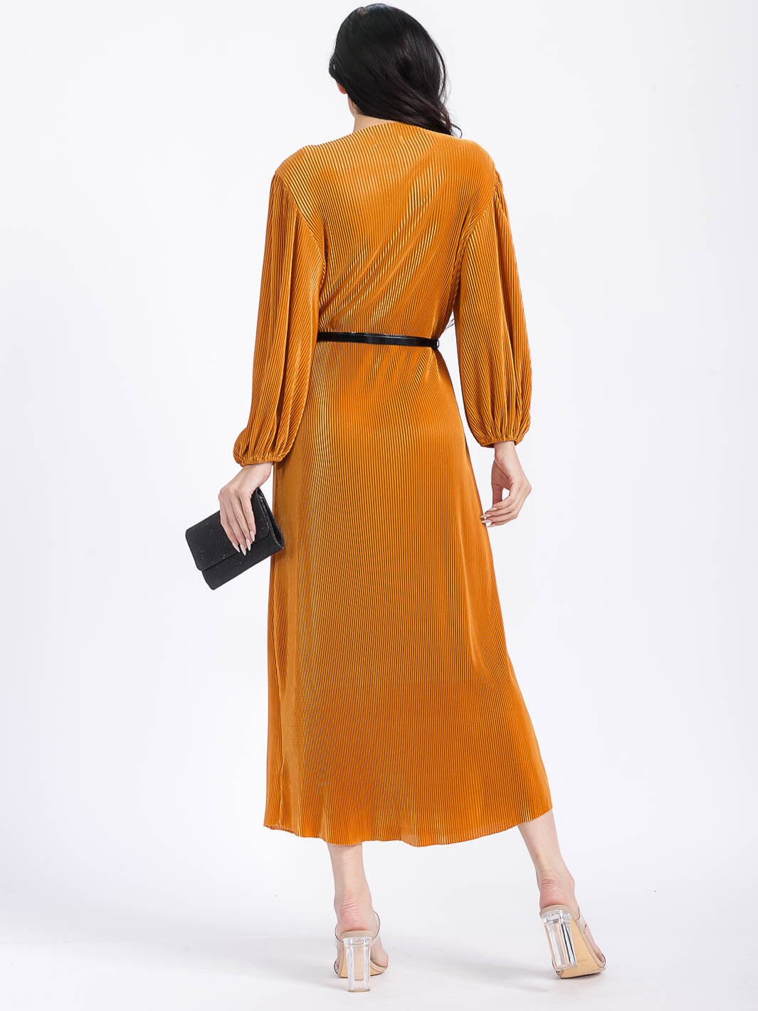 WOMEN'S LONG PUFF SLEEVES BELTED RIBBED MAXI DRESS