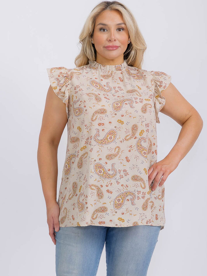 PLUS SIZE RUFFLE SLEEVE MOCK NECK PAISLEY PRINT BLOUSE