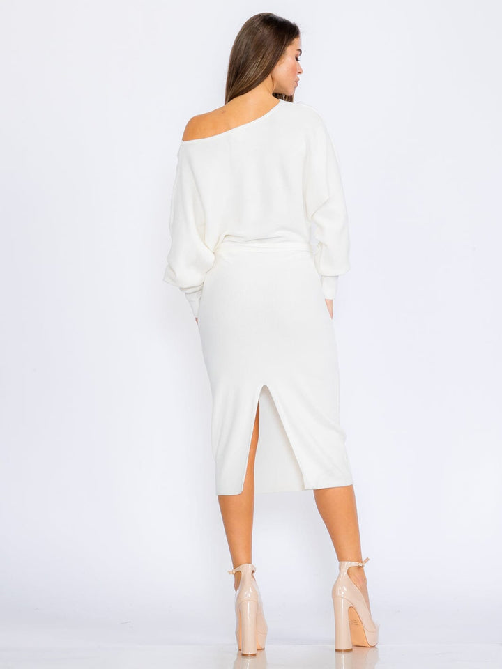 WOMEN'S LONG SLEEVE SELF TIE RIBBED BODYCON MIDI DRESS