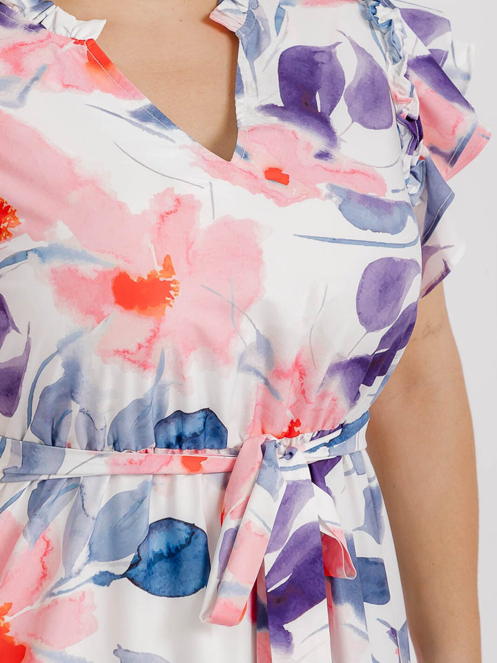 PLUS SIZE SHORT RUFFLE SLEEVE V-NECK TIERED ELASTIC WAIST FLORAL MAXI DRESS