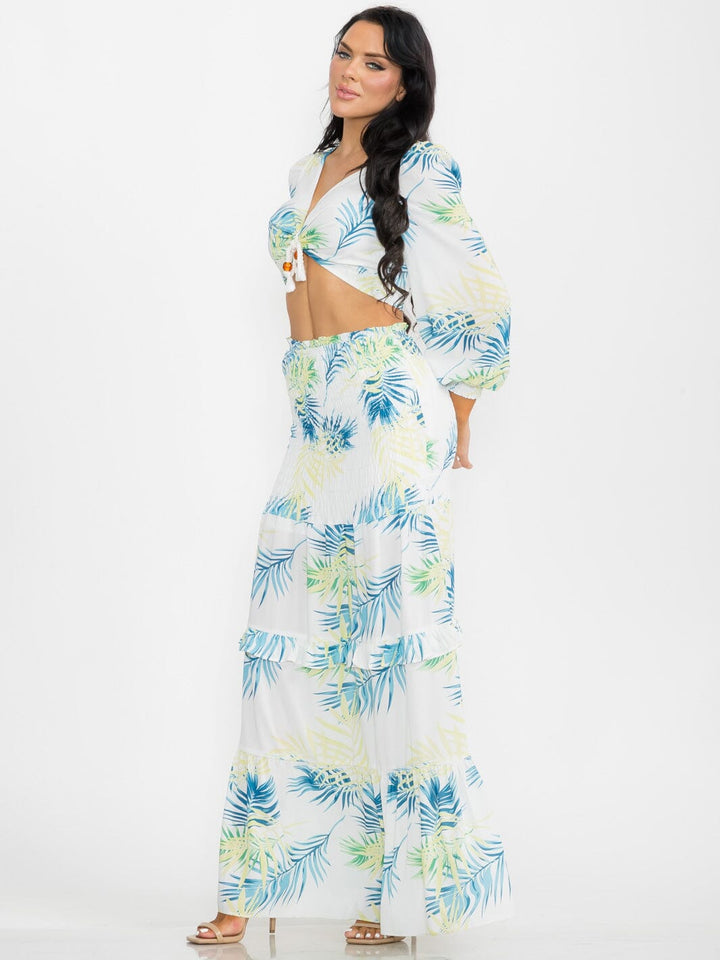 WOMEN'S LONG SLEEVE CROP TOP & SMOCK WAIST MAXI SKIRT LEAF PRINT 2PC. SET