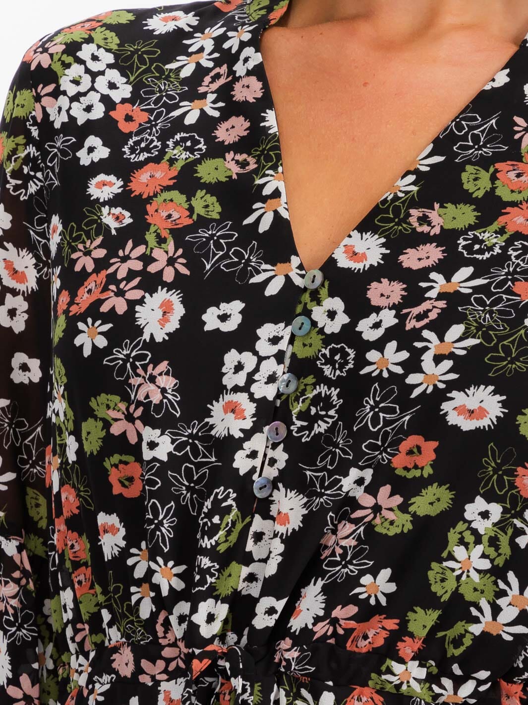 WOMEN'S LONG SLEEVE BUTTON UP SELF TIE FLORAL MINI DRESS