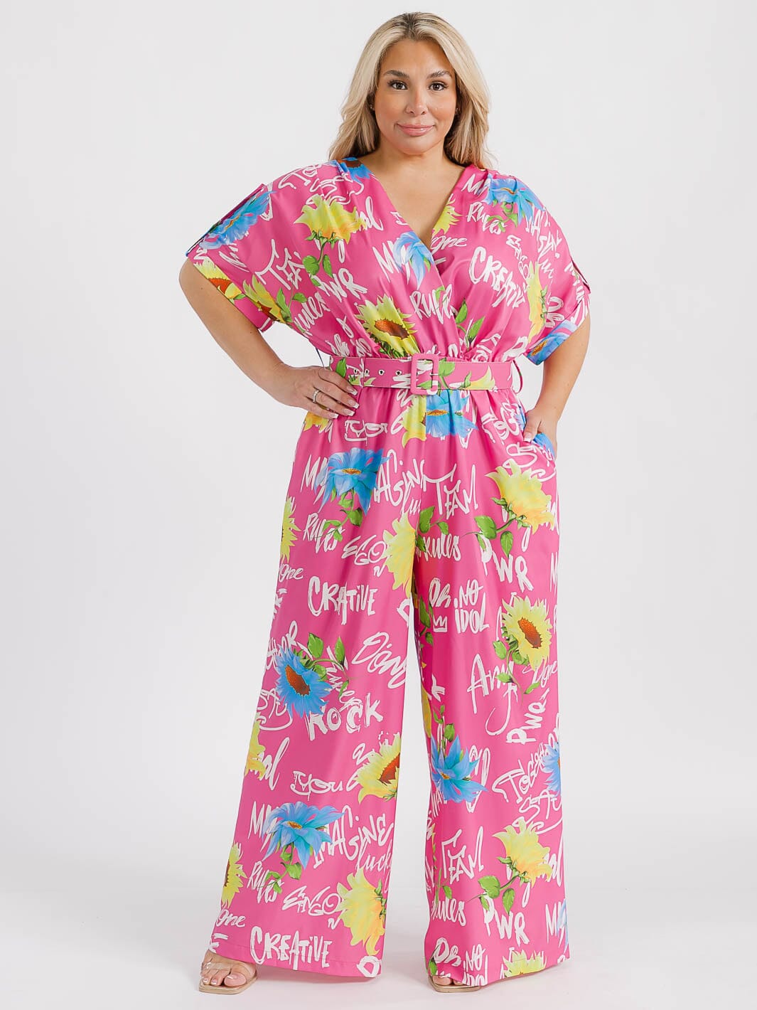 PLUS SIZE SHORT SLEEVE SURPLICE ELASTIC WAIST MULTI PRINT WIDE LEG JUMPSUIT