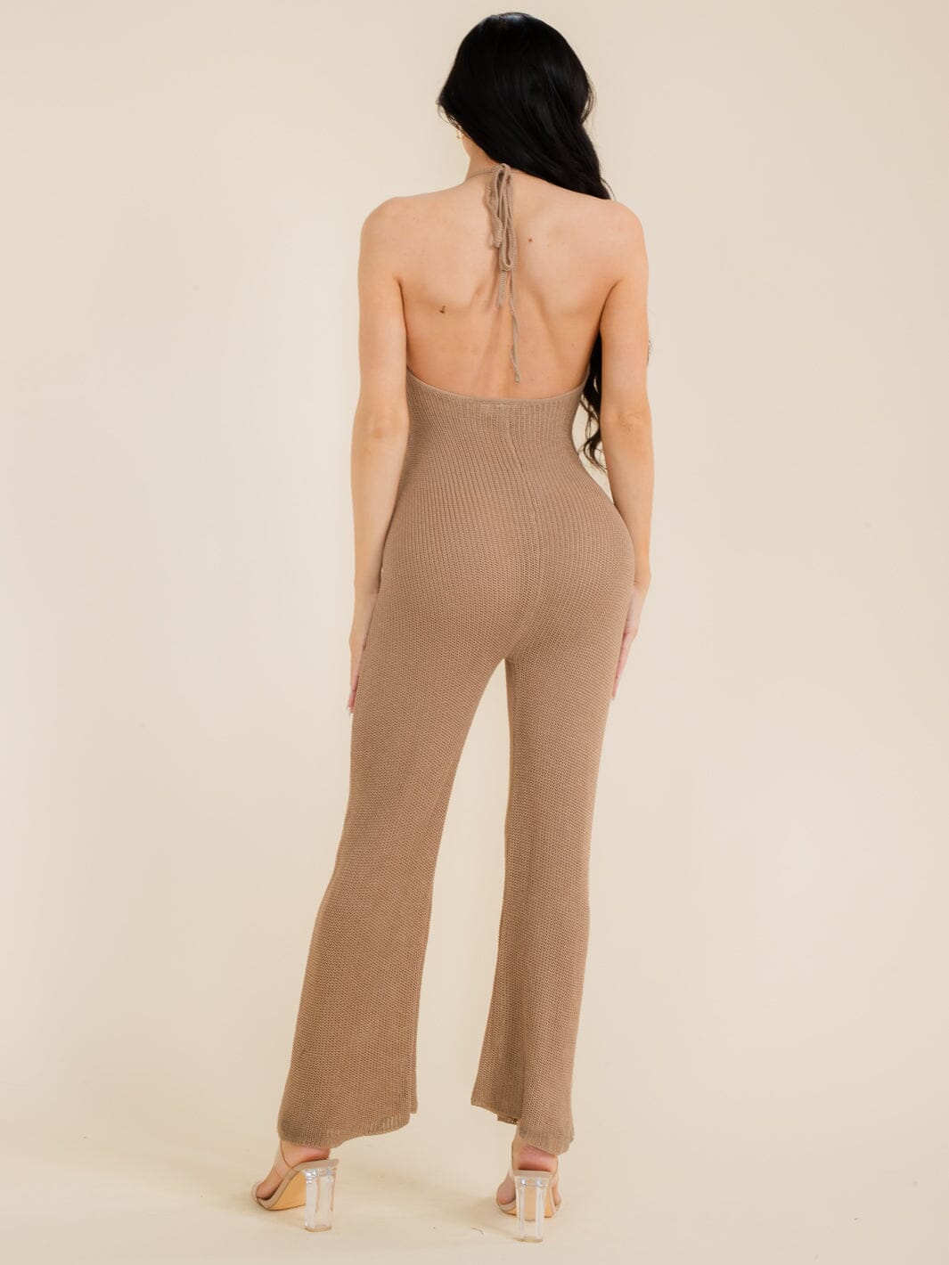 WOMEN'S SLEEVELESS HALTER NECK OPEN BACK KNIT JUMPSUIT