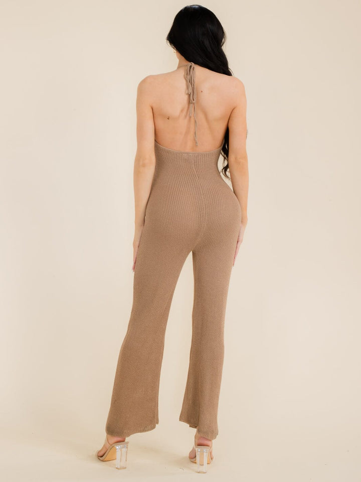 WOMEN'S SLEEVELESS HALTER NECK OPEN BACK KNIT JUMPSUIT