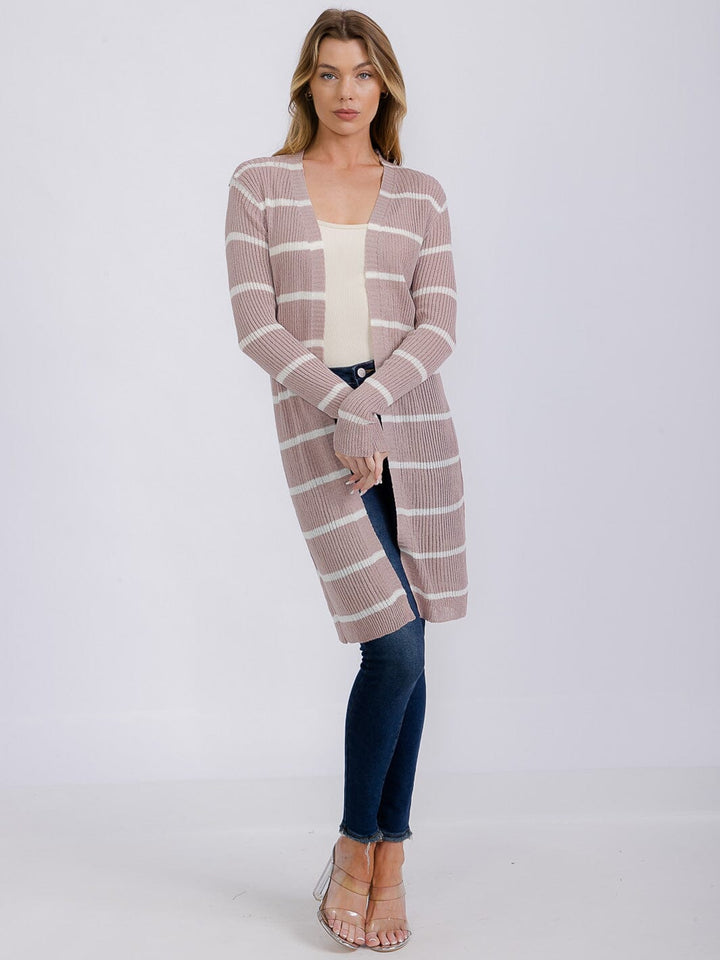 WOMEN'S LONG SLEEVE OPEN COLORBLOCK STRIPES KNIT CARDIGAN