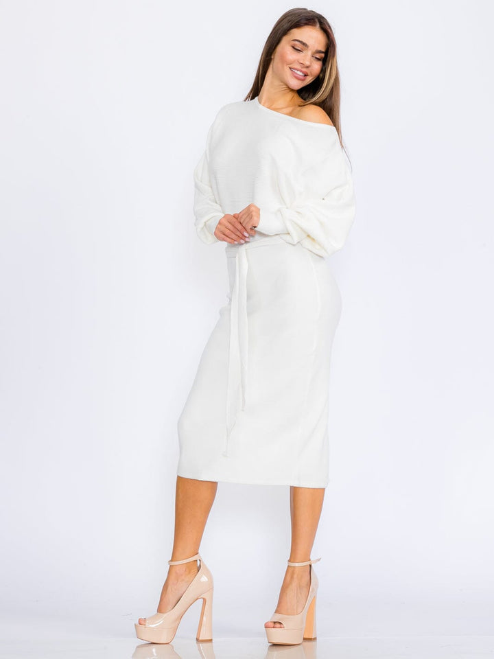 WOMEN'S LONG SLEEVE SELF TIE RIBBED BODYCON MIDI DRESS
