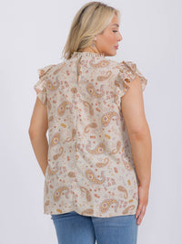PLUS SIZE RUFFLE SLEEVE MOCK NECK PAISLEY PRINT BLOUSE