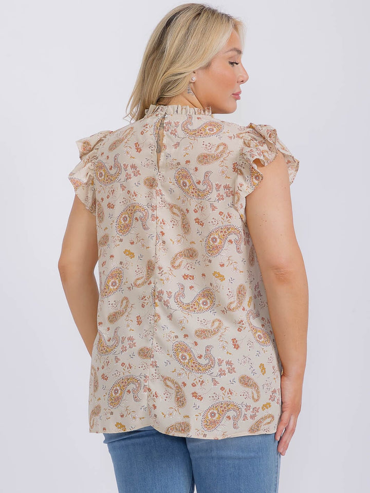 PLUS SIZE RUFFLE SLEEVE MOCK NECK PAISLEY PRINT BLOUSE