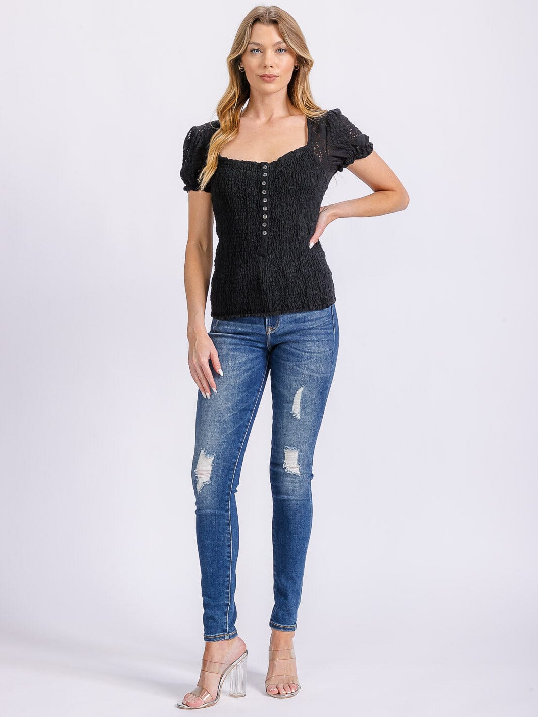 WOMEN'S SHORT SLEEVE SQUARE NECK BUTTON UP SMOCK BLOUSE