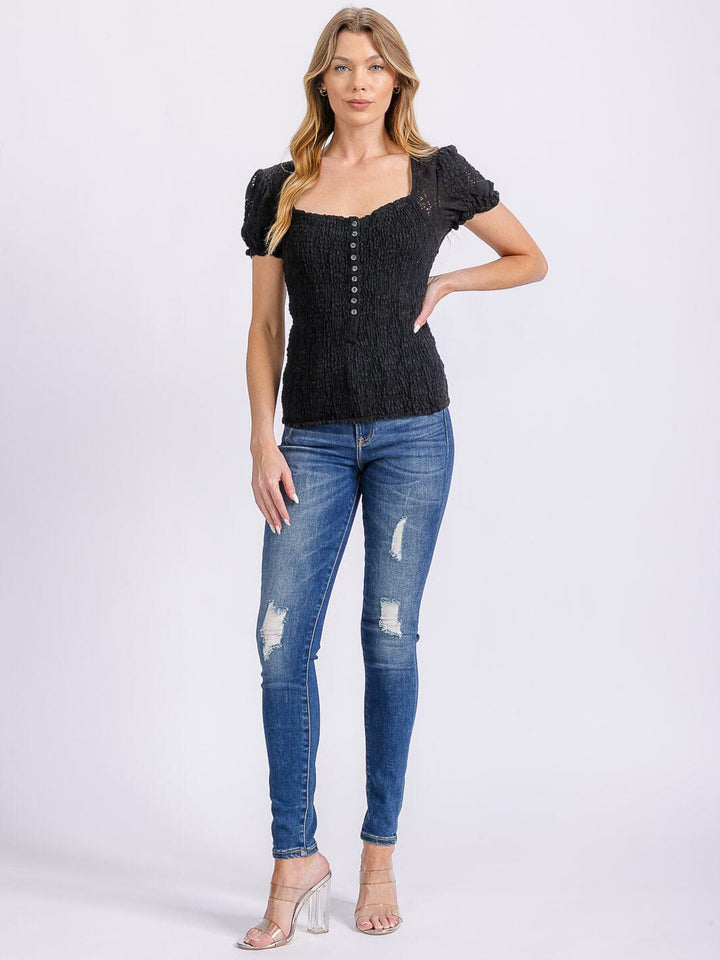 WOMEN'S SHORT SLEEVE SQUARE NECK BUTTON UP SMOCK BLOUSE