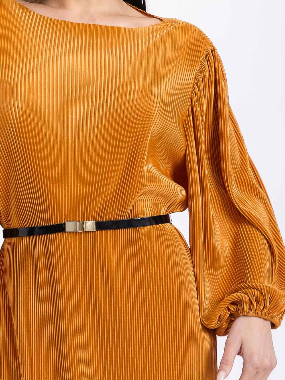 WOMEN'S LONG PUFF SLEEVES BELTED RIBBED MAXI DRESS