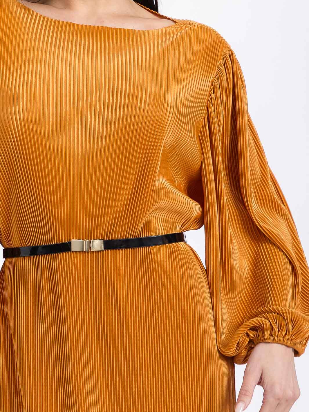 WOMEN'S LONG PUFF SLEEVES BELTED RIBBED MAXI DRESS