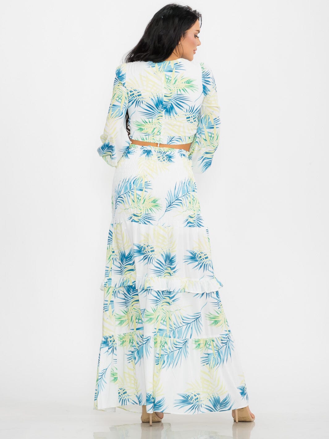 WOMEN'S LONG SLEEVE CROP TOP & SMOCK WAIST MAXI SKIRT LEAF PRINT 2PC. SET