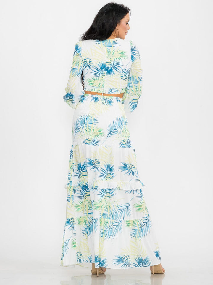 WOMEN'S LONG SLEEVE CROP TOP & SMOCK WAIST MAXI SKIRT LEAF PRINT 2PC. SET