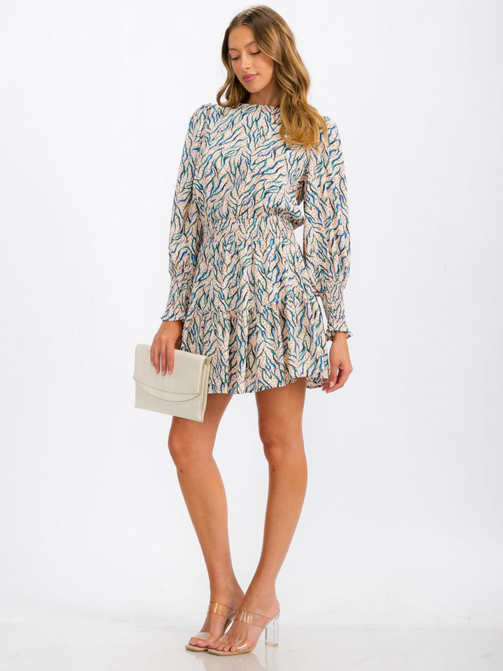 WOMEN'S LONG SLEEVE SMOCK WAIST MULTI PRINT MINI DRESS