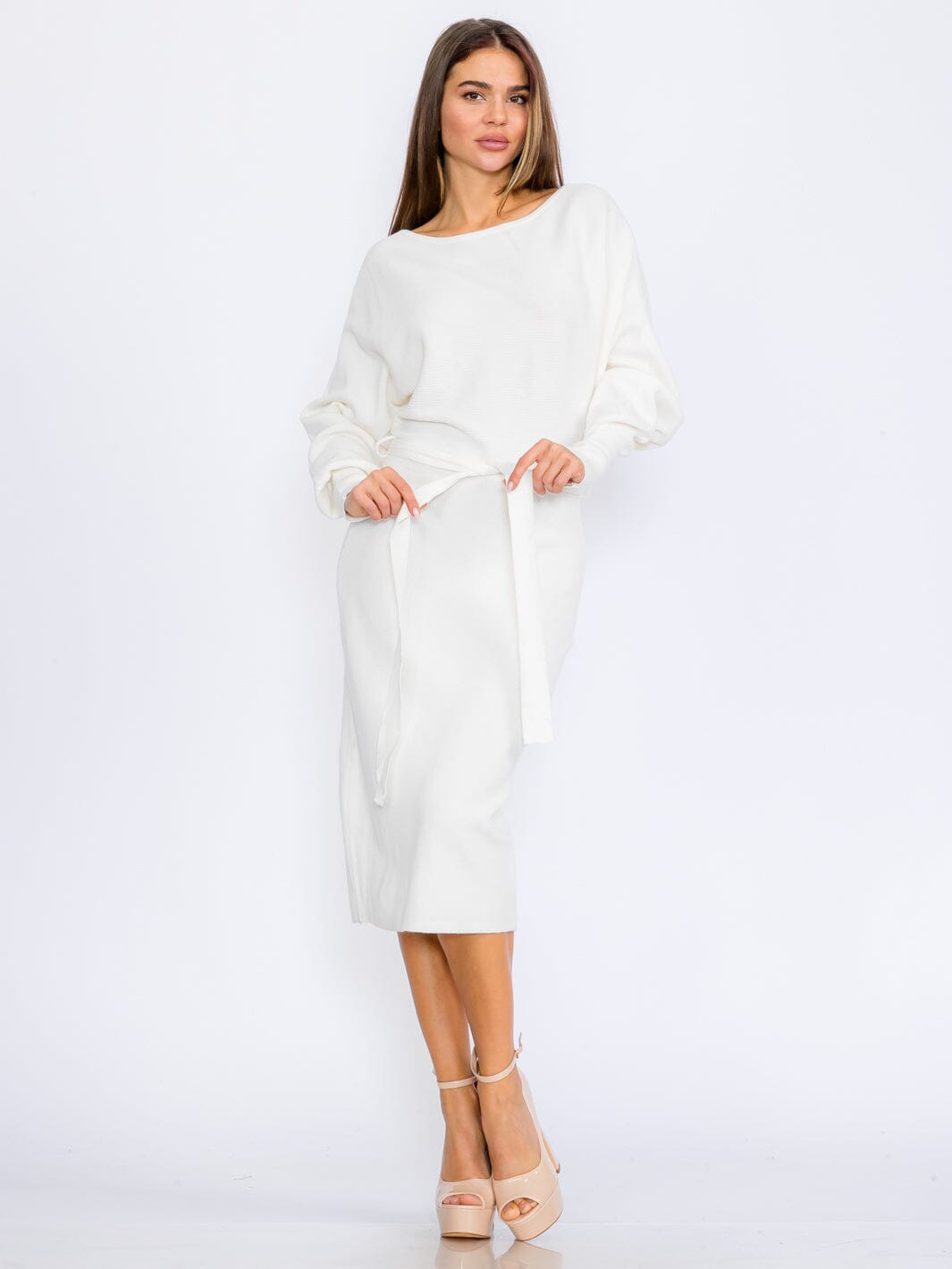 WOMEN'S LONG SLEEVE SELF TIE RIBBED BODYCON MIDI DRESS