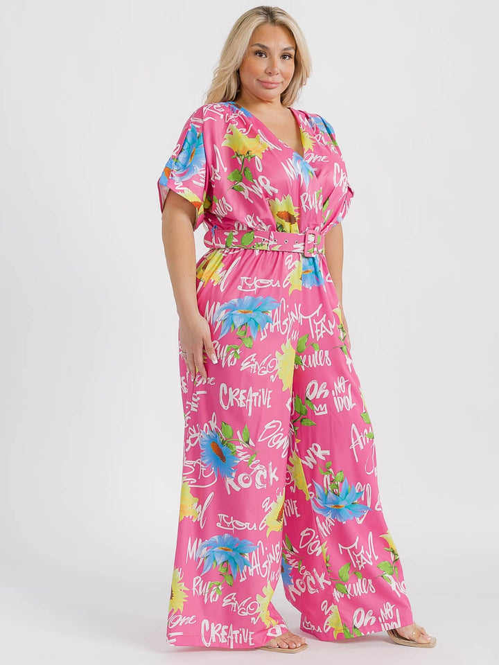 PLUS SIZE SHORT SLEEVE SURPLICE ELASTIC WAIST MULTI PRINT WIDE LEG JUMPSUIT