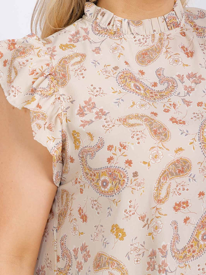 PLUS SIZE RUFFLE SLEEVE MOCK NECK PAISLEY PRINT BLOUSE