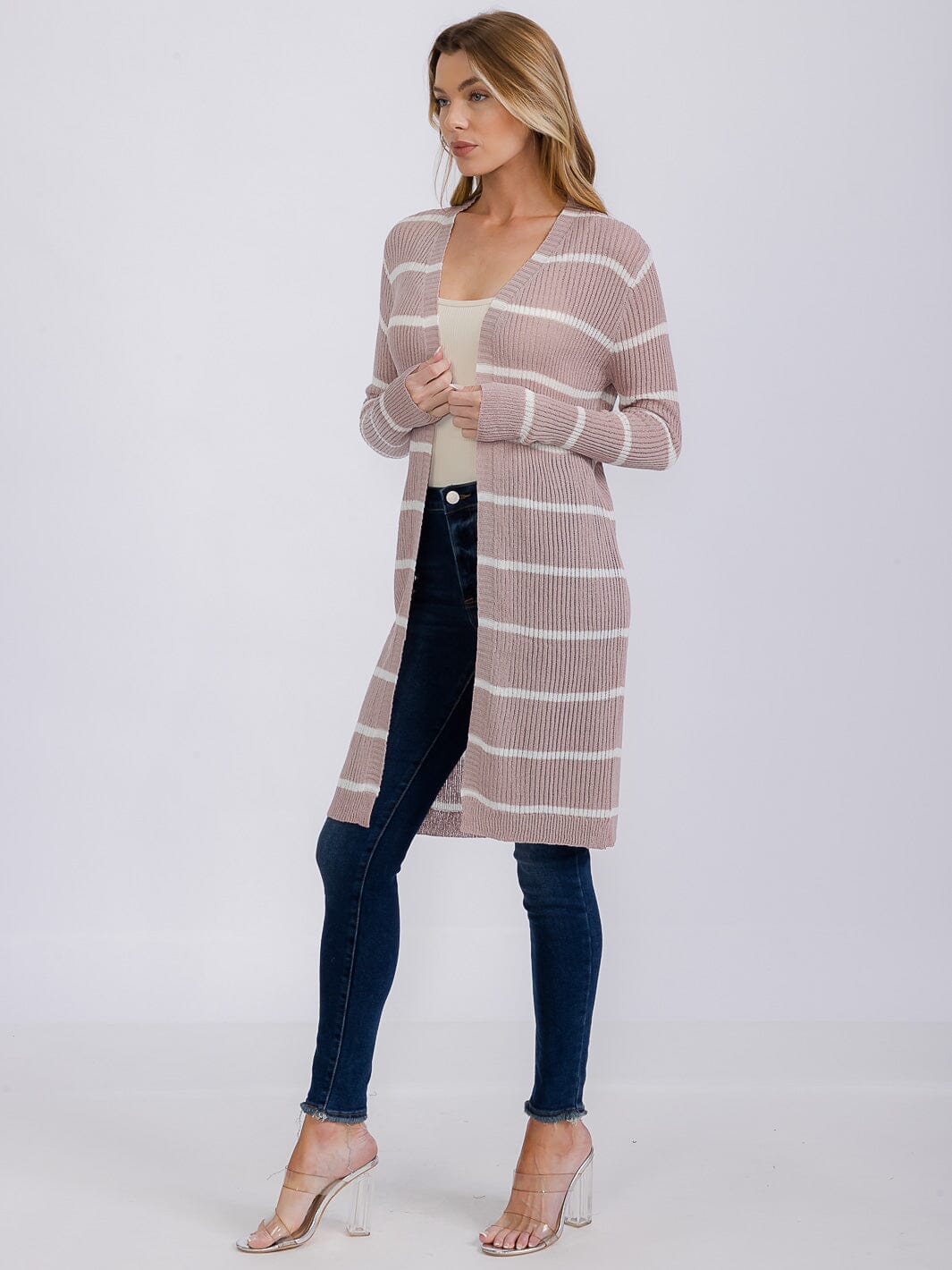 WOMEN'S LONG SLEEVE OPEN COLORBLOCK STRIPES KNIT CARDIGAN