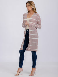 WOMEN'S LONG SLEEVE OPEN COLORBLOCK STRIPES KNIT CARDIGAN