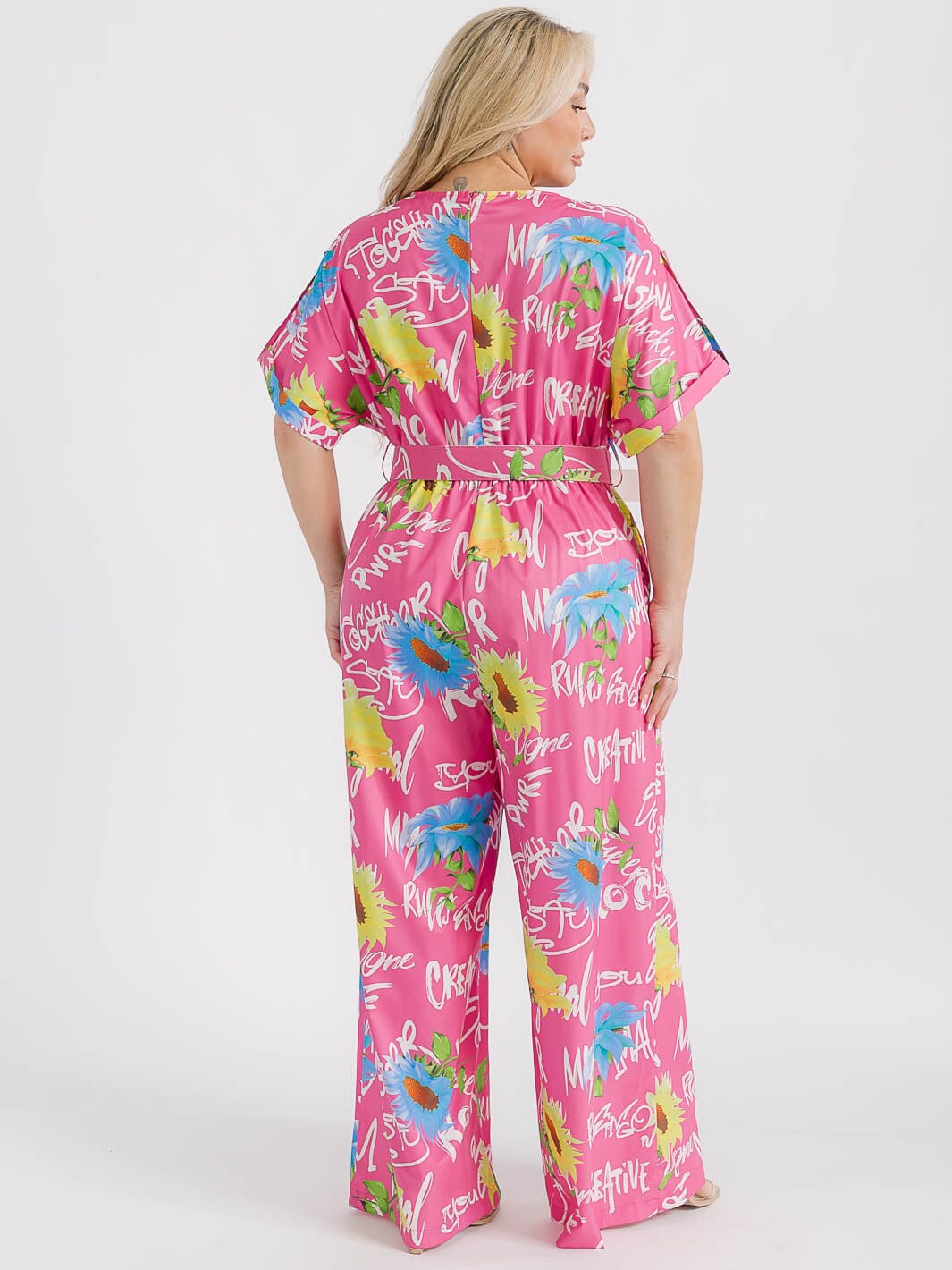 PLUS SIZE SHORT SLEEVE SURPLICE ELASTIC WAIST MULTI PRINT WIDE LEG JUMPSUIT