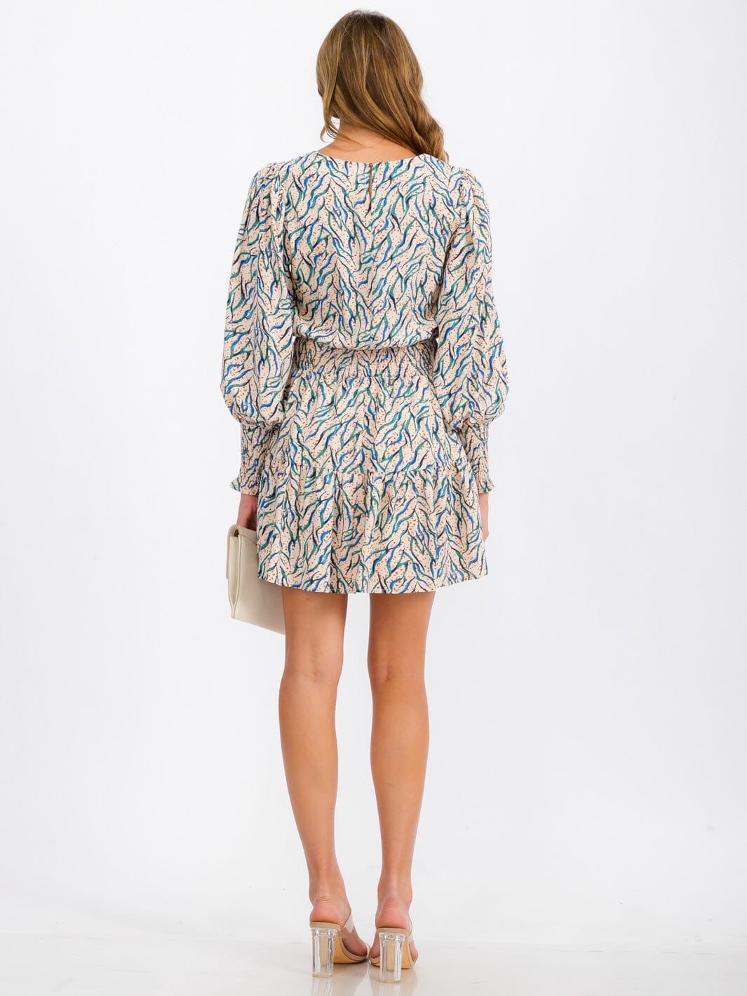 WOMEN'S LONG SLEEVE SMOCK WAIST MULTI PRINT MINI DRESS
