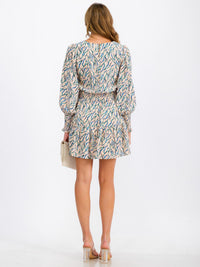 WOMEN'S LONG SLEEVE SMOCK WAIST MULTI PRINT MINI DRESS