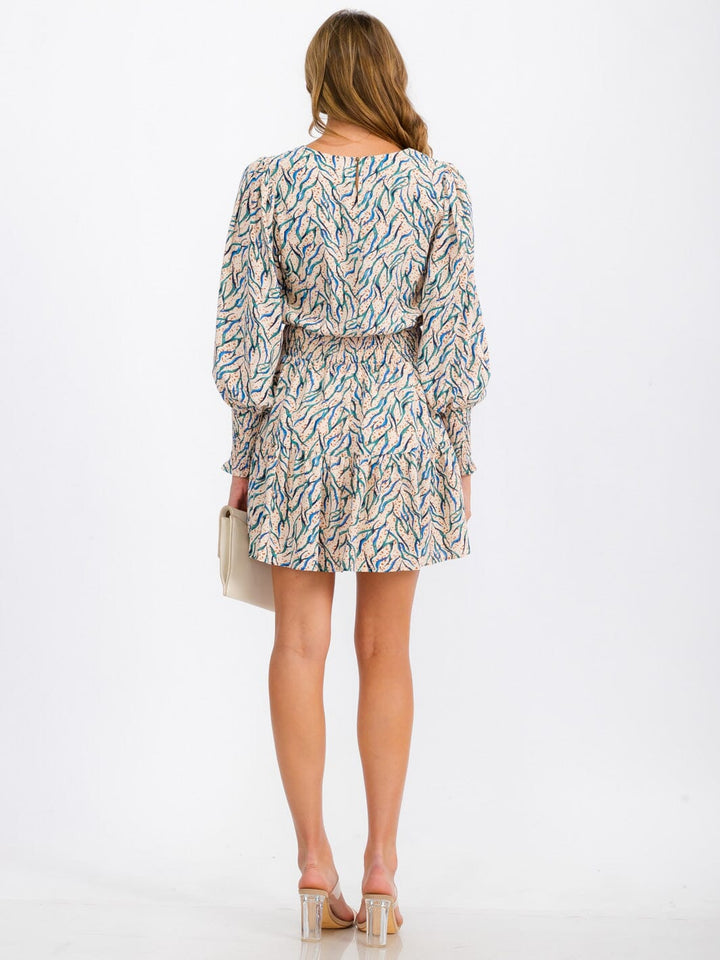 WOMEN'S LONG SLEEVE SMOCK WAIST MULTI PRINT MINI DRESS