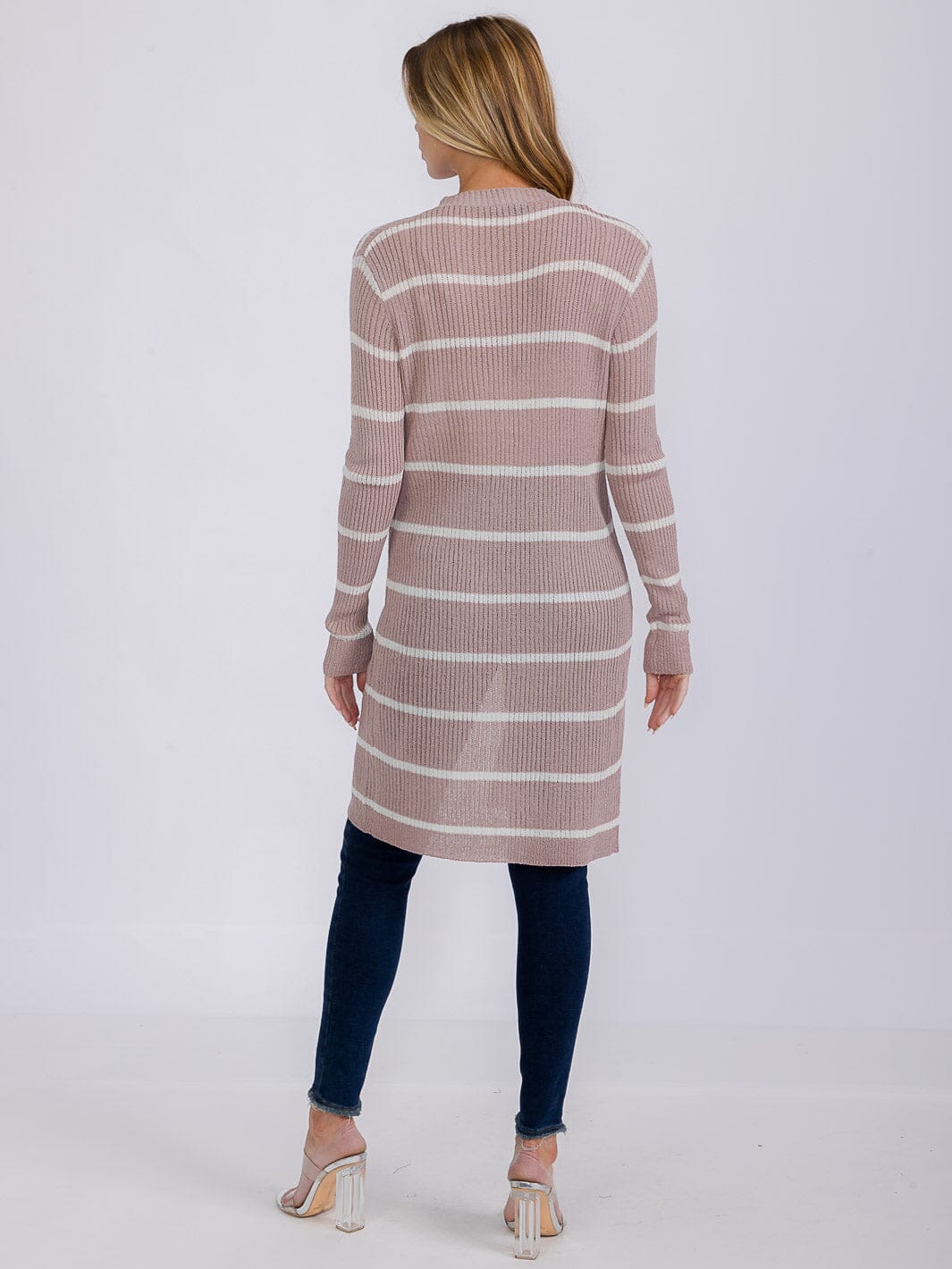 WOMEN'S LONG SLEEVE OPEN COLORBLOCK STRIPES KNIT CARDIGAN