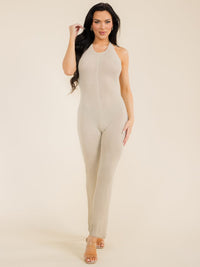 WOMEN'S SLEEVELESS HALTER NECK OPEN BACK KNIT JUMPSUIT