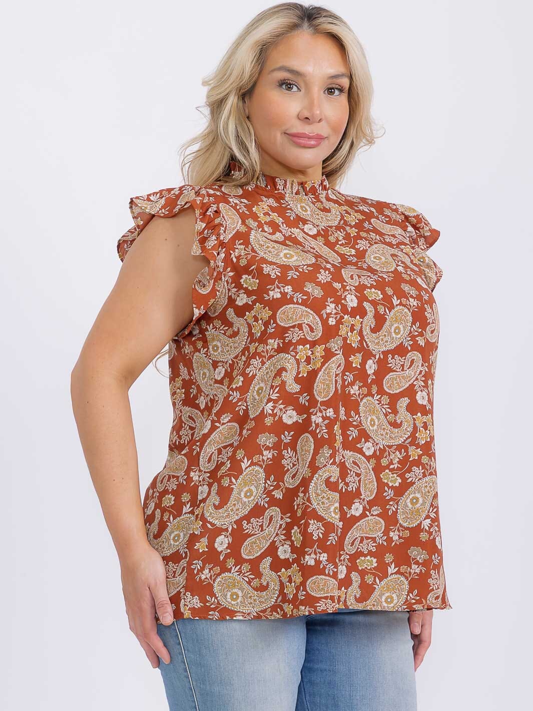 PLUS SIZE RUFFLE SLEEVE MOCK NECK PAISLEY PRINT BLOUSE
