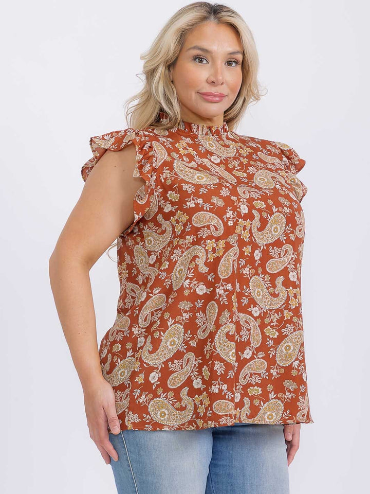 PLUS SIZE RUFFLE SLEEVE MOCK NECK PAISLEY PRINT BLOUSE