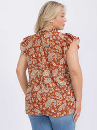 PLUS SIZE RUFFLE SLEEVE MOCK NECK PAISLEY PRINT BLOUSE