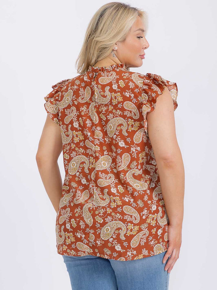 PLUS SIZE RUFFLE SLEEVE MOCK NECK PAISLEY PRINT BLOUSE