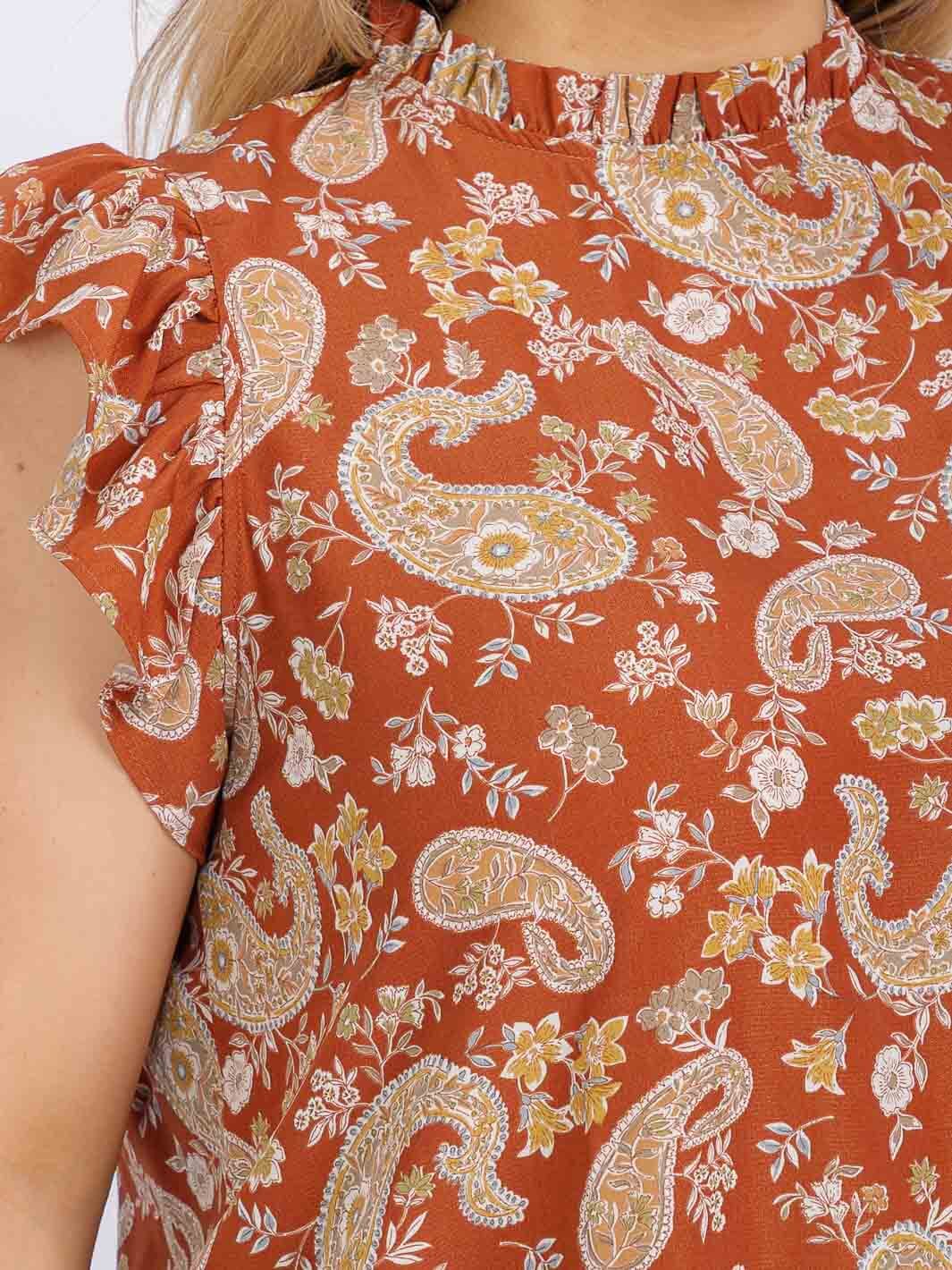 PLUS SIZE RUFFLE SLEEVE MOCK NECK PAISLEY PRINT BLOUSE