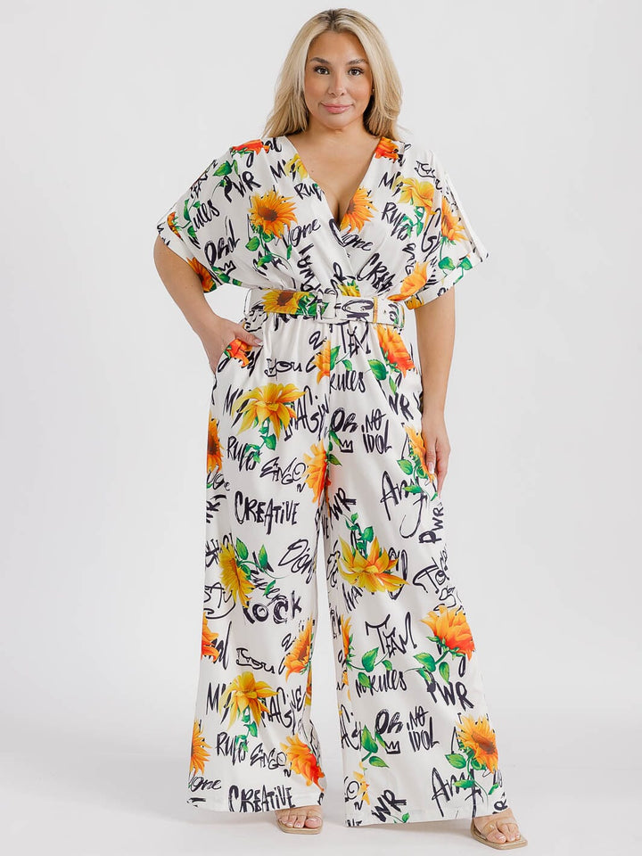 PLUS SIZE SHORT SLEEVE SURPLICE ELASTIC WAIST MULTI PRINT WIDE LEG JUMPSUIT