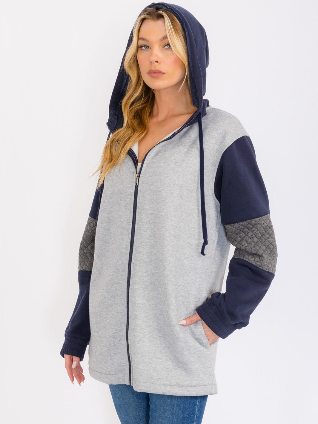 WOMEN'S LONG SLEEVES ZIP UP COLORBLOCK HOODED JACKET