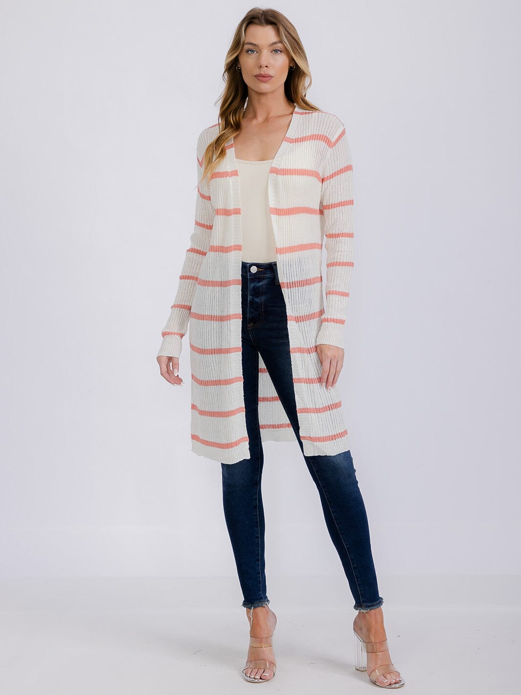 WOMEN'S LONG SLEEVE OPEN COLORBLOCK STRIPES KNIT CARDIGAN