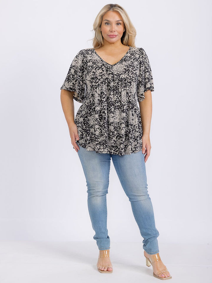 PLUS SIZE SHORT SLEEVE V-NECK FLORAL PRINT BLOUSE