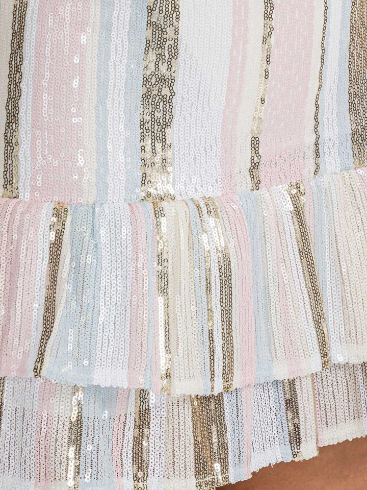 WOMEN'S ZIP UP RUFFLE BOTTOM HEM COLORBLOCK SEQUINS MINI SKIRT