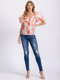 WOMEN'S SHORT PUFF SLEEVE V-NECK EYELET FLORAL BLOUSE
