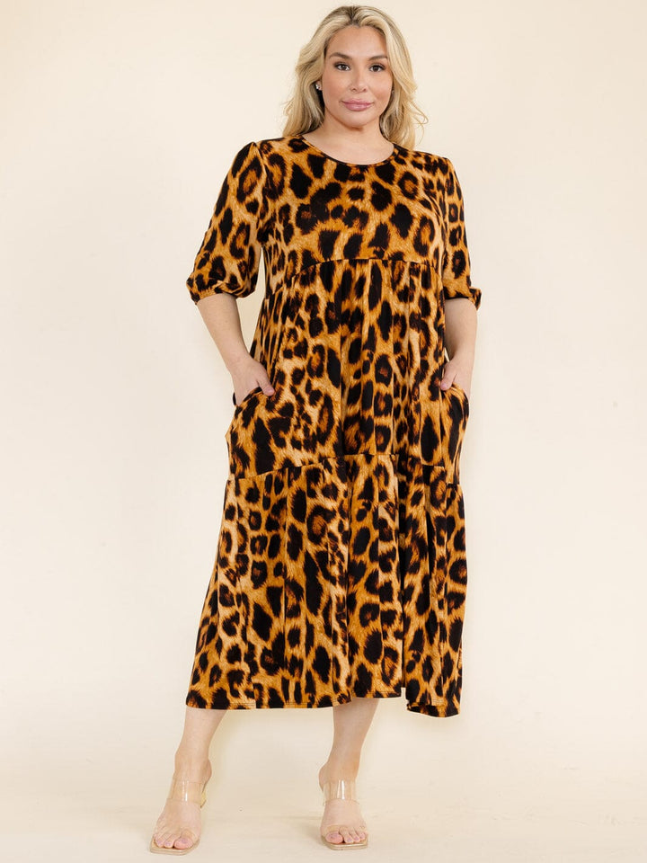 PLUS SIZE 3/4 SLEEVE FRONT POCKETS ANIMAL PRINT TUNIC MAXI DRESS
