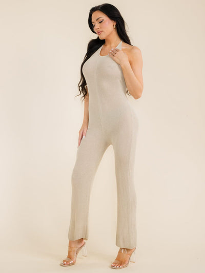 WOMEN'S SLEEVELESS HALTER NECK OPEN BACK KNIT JUMPSUIT