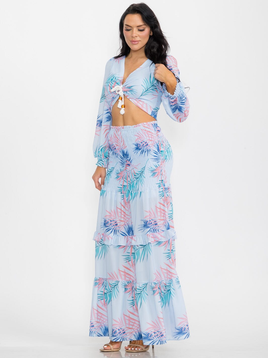 WOMEN'S LONG SLEEVE CROP TOP & SMOCK WAIST MAXI SKIRT LEAF PRINT 2PC. SET