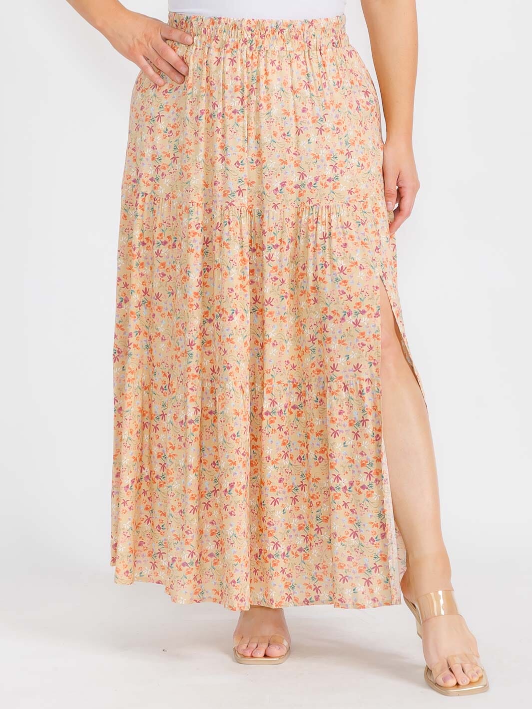 PLUS SIZE ELASTIC WAIST SIDE SLIT FLORAL MAXI SKIRT