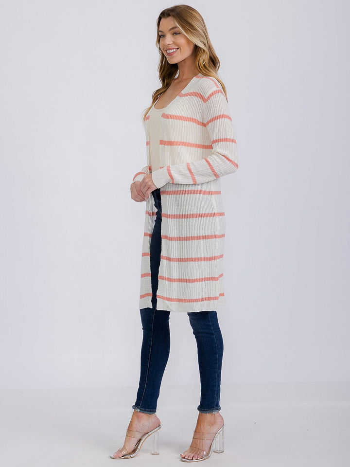 WOMEN'S LONG SLEEVE OPEN COLORBLOCK STRIPES KNIT CARDIGAN